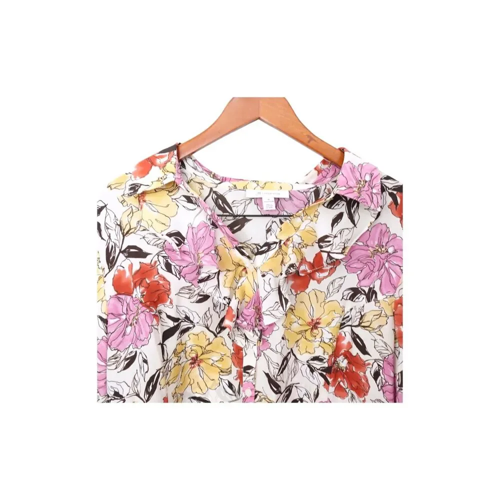 JM COLLECTION Pink Floral Ruffled Blouse Long Sleeve Romantic Cottagecore Sz 18